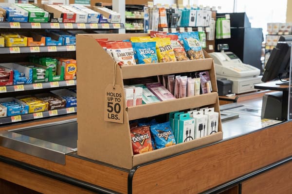 A brown cardboard point-of-sale display stand on a supermarket checkout counter, filled with various impulse buy items including snack bags like Doritos and M&M's, cosmetic tubes, and packaged USB cables. A tag on the side of the display reads 'HOLDS UP TO 50 LBS'. In the blurred background, shelves stocked with other retail products and a cash register are visible.