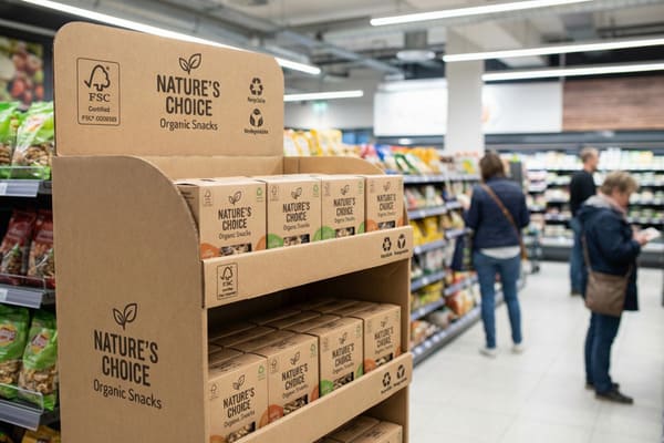 সুপারমার্কেটের আইলে একটি কার্ডবোর্ড ডিসপ্লে স্ট্যান্ড প্রদর্শন করছে