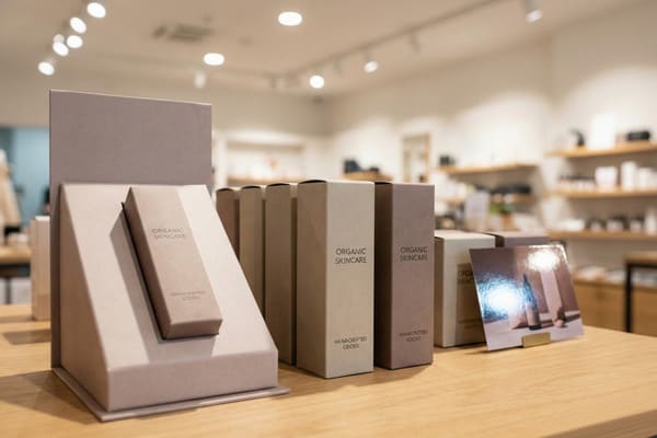 A close-up shot of a retail display featuring various 'Organic Skincare Handcrafted Goods' products in a modern store setting. The foreground shows multiple rectangular boxes in natural, earthy tones like light beige and brown, neatly arranged on a light wooden table. One box is elevated on a matching display stand, prominently showcasing the 'ORGANIC SKINCARE' and 'HANDCRAFTED GOODS' text. Behind it, several other product boxes are lined up, all bearing similar branding. A small glossy photo card displaying skincare bottles is also visible on the right. The background is softly blurred, revealing shelves stocked with other products and overhead track lighting, suggesting a clean and minimalist retail environment.