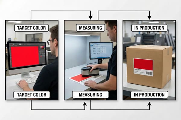 A detailed visual guide demonstrating the color management process across three stages: defining, measuring, and production. The first panel shows a graphic designer working on a computer, displaying a vibrant red 'TARGET COLOR'. The second panel features a quality control technician using a handheld spectrophotometer to precisely measure the red color on a printed sample, with numerical color values shown on a monitor. The third panel presents a brown cardboard box with a perfectly matched red 'TARGET COLOR' label, signifying successful implementation in a production environment. Connecting arrows illustrate the continuous feedback loop for maintaining color accuracy.