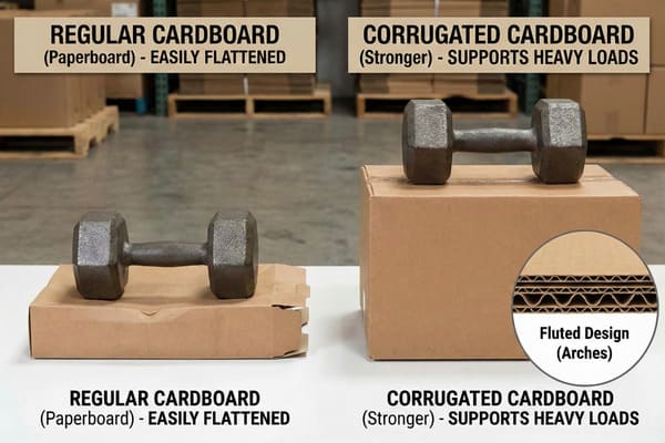 Comparación visual que demuestra la diferencia de resistencia entre las cajas de cartón normal y las de cartón corrugado en un almacén. Una pesada mancuerna metálica aplana la caja de cartón normal a la izquierda, mientras que una mancuerna idéntica reposa sobre una robusta caja de cartón corrugado a la derecha, que permanece intacta. Un recuadro destaca el diseño interno acanalado (arcos) del cartón corrugado, lo que explica su superior capacidad para soportar cargas pesadas durante el envío y el embalaje.