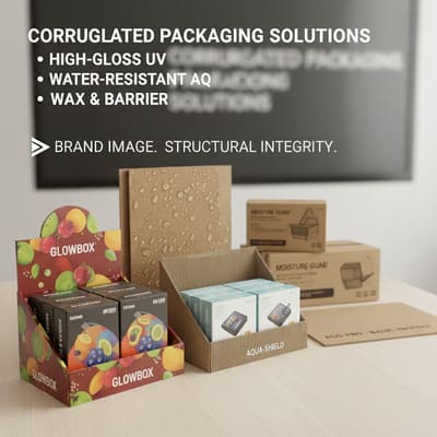 A comprehensive display of corrugated packaging solutions showcasing durability and water resistance on a light wooden table. Prominently featured are two retail display boxes: a colorful 'GLOWBOX' unit with fruit graphics holding small consumer electronics, and a natural brown 'AQUA-SHIELD' display containing light blue product packages. In the background, a standing corrugated panel with visible water droplets highlights its water-resistant properties, alongside multiple 'MOISTURE-GUARD' shipping boxes and an 'ECO-PRO - BASIC PROTECT' flat corrugated sheet, emphasizing sustainable and protective packaging for various industries.