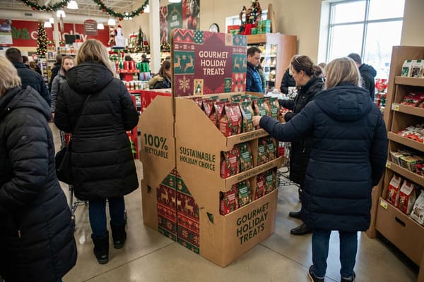 يُظهر مشهدٌ صاخبٌ في متجر بقالة العديد من المتسوقين، من بينهم امرأة ترتدي معطفًا أزرق داكنًا منتفخًا، وهم يختارون سلعًا من وحدة عرض كبيرة متعددة الطبقات مصنوعة من الكرتون المموج. تحمل وحدة العرض علامة تجارية بارزة هي "مأكولات العيد الفاخرة"، وتتميز بنقوش احتفالية باللون الأحمر والأخضر والذهبي مع رسومات حيوانات الرنة وندفات الثلج. كما تُبرز عبارة "قابلة لإعادة التدوير بنسبة 100%" و"خيار مستدام للعطلات". تمتلئ الرفوف بالعديد من أكياس الوجبات الخفيفة الفاخرة ذات الطابع الاحتفالي. وفي الخلفية، تُضفي زينة أخرى للعطلات، مثل أكاليل الزهور وشجرة عيد الميلاد، مزيدًا من البهجة على أجواء التسوق الاحتفالية.