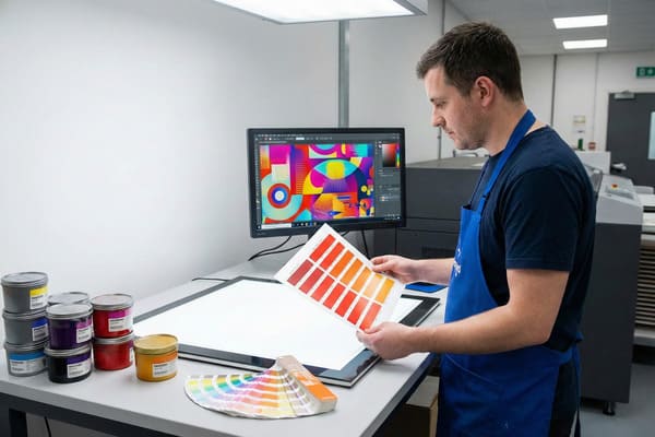 فني طباعة، يرتدي مئزرًا أزرق، يُمعن النظر في بطاقة عينات ألوان بانتون التي تعرض درجات مختلفة من الأحمر والبرتقالي. يقف عند محطة عمل مزودة بطاولة إضاءة ساطعة، ولوحة ألوان بانتون مفتوحة، وعدة علب من أحبار طباعة بانتون بألوان مختلفة تشمل الرمادي والأرجواني والأحمر والأصفر. في الخلفية، تعرض شاشة كمبيوتر رسمًا رقميًا تجريديًا نابضًا بالحياة، يُبرز دقة عملية مطابقة الألوان في بيئة إنتاج طباعة احترافية.