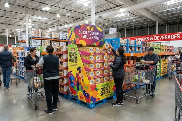 Shoppers browse a brightly lit warehouse store aisle, featuring a large, colorful 'Organic Energy Snacks' display with fruit graphics. A woman in a black jacket reaches for a product, while other customers with shopping carts look at various bulk items under a 'SNACKS & BEVERAGES' banner.