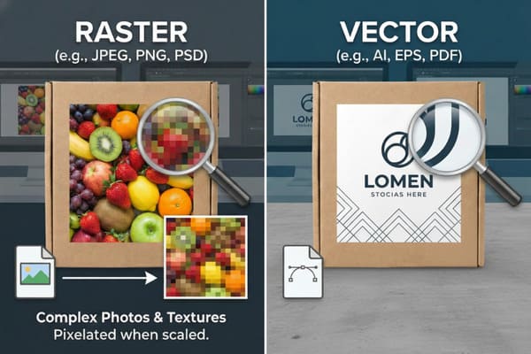 An infographic comparing raster and vector image formats. The raster side shows a detailed photo of various fruits (strawberries, kiwi, apples, grapes, oranges, bananas) in a cardboard box, with a magnifying glass revealing pixelation when zoomed in. Text below states