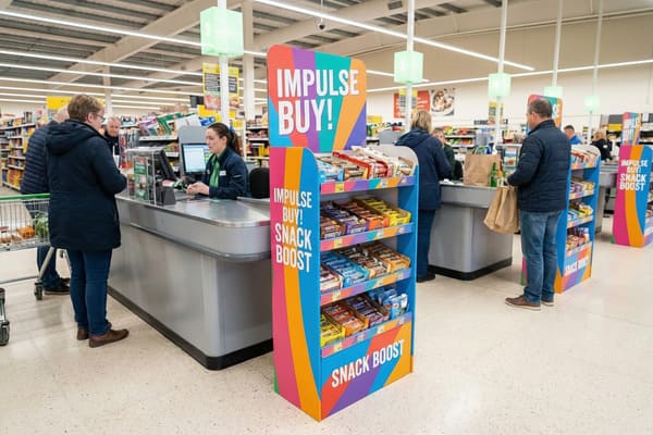 Un présentoir dynamique « Achat impulsif ! Boostez votre en-cas ! » rempli de barres de céréales et de chocolats variés est installé à la caisse d&#39;un supermarché très fréquenté. On y voit des clients faire la queue et interagir avec un caissier, illustrant ainsi l&#39;efficacité du marketing sur le lieu de vente.