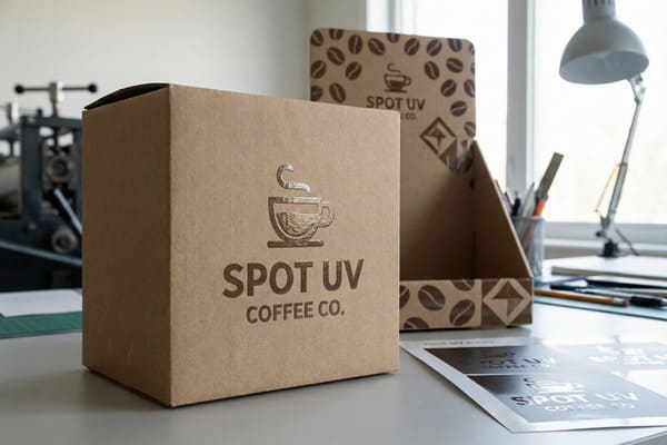 صورة مقرّبة لعلبة تغليف قهوة من الكرتون المضلّع بلون بني فاتح، تحمل شعارًا بارزًا من رقائق معدنية فضية اللون، يصوّر كوب قهوة ساخنًا فوق عبارة "SPOT UV COFFEE CO." على مكتب رمادي فاتح. في الخلفية، تظهر علبة عرض كرتونية مفتوحة للبيع بالتجزئة، تحمل نقشًا متكررًا لحبوب البن وشعار العلامة التجارية نفسه، إلى جانب لوازم مكتبية ونافذة، تُبرز العلامة التجارية المخصصة والتشطيبات الطباعية الفاخرة.