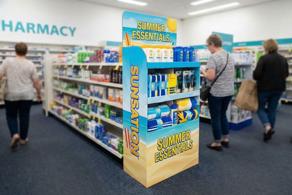 A vibrant 'Sunsation Summer Essentials' point-of-sale display stand in a pharmacy aisle, showcasing various sun protection products including white and blue sunscreen bottles, black sunglasses, and blue and yellow striped beach towels. Blurred customers are visible browsing other shelves in the background, with the word 'PHARMACY' on the wall.