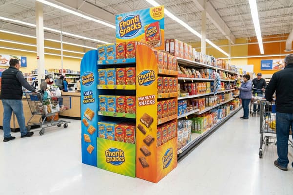 Un vibrante expositor de Fhonti Snacks y Fhonk Snacks en un pasillo de supermercado bien iluminado. El stand promocional presenta secciones azules para "Fully-Grne Snacks" con imágenes de cuadrados crujientes y dorados, y secciones naranjas para "Manlyty Snacks" con barritas rellenas de chocolate. Numerosas cajas de cereales Fhonti Snacks se apilan en los estantes. Al fondo, se ven clientes con carritos de compra, recorriendo otros pasillos del supermercado.
