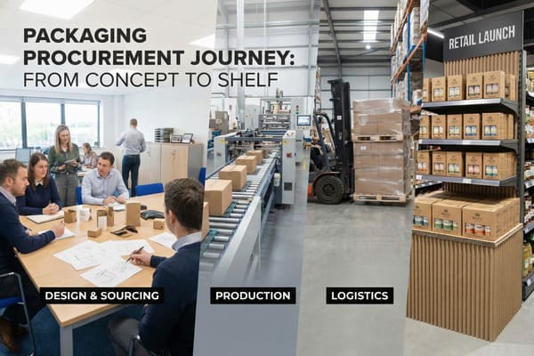 Una imagen tríptico que representa visualmente el proceso de adquisición de envases: del concepto al lineal. El panel izquierdo, denominado "DISEÑO Y ABASTECIMIENTO", muestra a un equipo diverso de profesionales en una oficina moderna, colaborando alrededor de una mesa de madera, revisando diversos prototipos de envases de cartón y bocetos de diseño detallados para el desarrollo de nuevos productos. El panel central, denominado "PRODUCCIÓN", ilustra un entorno industrial con maquinaria automatizada y una larga cinta transportadora que transporta eficientemente múltiples cajas de cartón marrón de tamaño uniforme, lo que representa el proceso de fabricación a gran escala. El panel derecho, denominado "LOGÍSTICA" y con el cartel "LANZAMIENTO A MINORISTA", muestra un entorno comercial o almacén concurrido con una carretilla elevadora negra que mueve palés de productos retractilados, junto a un prominente expositor de cartón corrugado de varios niveles, repleto de productos enlatados de marca en envases de cartón sostenibles y ecológicos, listos para la compra.