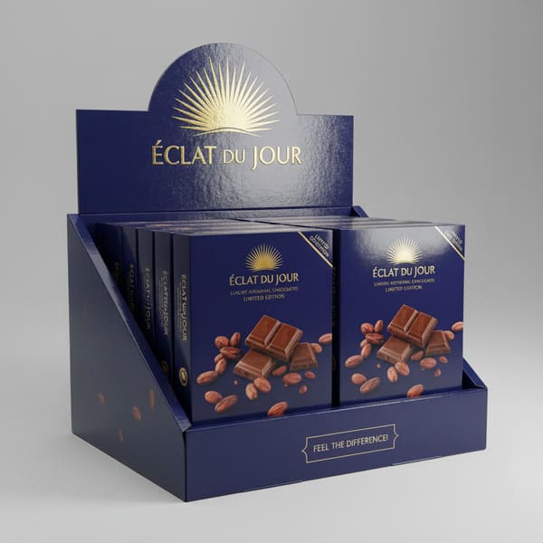 Um expositor de ponto de venda azul-marinho para os chocolates artesanais de luxo 'Éclat du Jour Luxury Artisanal Chocolates Limited Edition' é apresentado sobre um fundo cinza neutro. O expositor exibe um logotipo dourado em forma de raio de sol e a inscrição 'Éclat du Jour' em seu cabeçalho curvo. No interior, várias caixas de chocolate azul-marinho combinando estão cuidadosamente dispostas, cada uma adornada com o logotipo dourado em forma de raio de sol, o nome do produto e uma imagem atraente de barras de chocolate quebradas rodeadas por grãos de cacau. O painel frontal inferior do expositor exibe com destaque a frase 'SINTA A DIFERENÇA!' em elegantes letras douradas, ressaltando a qualidade premium dos chocolates gourmet.