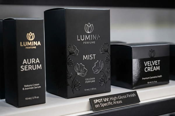 ルミナパフュームのプレミアムブラック製品ボックス3点、「オーラセラム」、「ミスト」、「ベルベットクリーム」が、明るい白を基調とした店頭にエレガントに並べられています。「オーラセラム」ボックスには印象的な金箔のブランドロゴ、「ミスト」と「ベルベットクリーム」ボックスには洗練されたシルバーの文字があしらわれています。中央の「ミスト」ボックスには、精巧で光沢のあるスポットUVフローラルパターンが施され、前面には「SPOT UV：特定エリアに高光沢仕上げ」と記された小さな黒いサインが、高級感あふれるパッケージのディテールを際立たせています。このディテールは、贅沢なデザインと印刷技術を際立たせています。