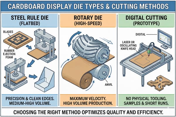 An infographic illustrating three cardboard display die types and cutting methods: Steel Rule Die (Flatbed) showing a press with blades and rubber ejection foam for precision cuts and medium-high volume; Rotary Die (High-Speed) depicting a cylindrical die and anvil for maximum velocity and high-volume production; and Digital Cutting (Prototype) featuring a laser or oscillating knife head controlled by a computer for samples and short runs without physical tooling. The image emphasizes choosing the right method for quality and efficiency.