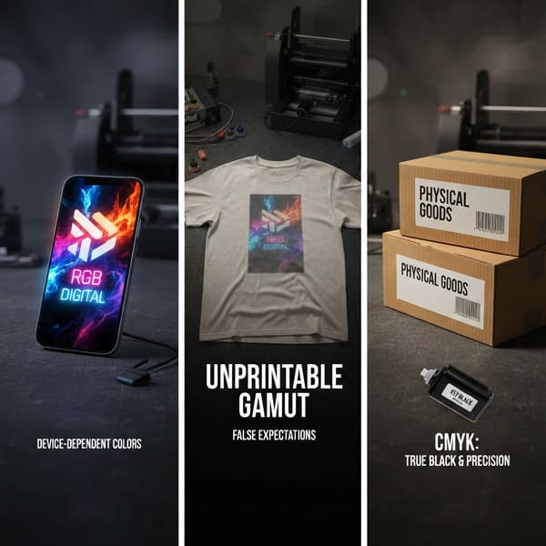 A three-panel infographic visually comparing RGB digital colors with CMYK print colors. The left panel shows a vibrant 'RGB DIGITAL' logo with glowing red and blue flames on a smartphone screen, labeled 'DEVICE-DEPENDENT COLORS'. The middle panel features a light grey t-shirt with the same logo, but the printed colors are muted and desaturated, illustrating 'UNPRINTABLE GAMUT' and 'FALSE EXPECTATIONS'. The right panel displays two 'PHYSICAL GOODS' cardboard boxes and a 'KEY BLACK' CMYK ink cartridge, highlighting 'CMYK: TRUE BLACK & PRECISION' for accurate printing. The background across all panels is a blurred industrial printing facility.