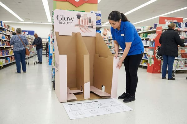 Eine Angestellte in blauer Uniform baut in einem hell erleuchteten Supermarktgang einen Kosmetik-Displayständer aus Pappe mit der Aufschrift „Glow BEAUTY“ zusammen. Die Montageanleitung liegt auf dem Boden, und im Hintergrund stöbern andere Kunden.