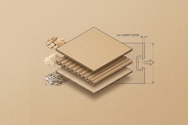 采用多层瓦楞纸板结构，包含原材料和技术图纸，突出显示 1 毫米湿度缓冲层。.