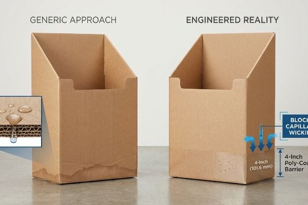 Cardboard display boxes: Generic Approach shows water damage, Engineered Reality uses a 4-Inch Poly-Coat Barrier blocking wicking.
