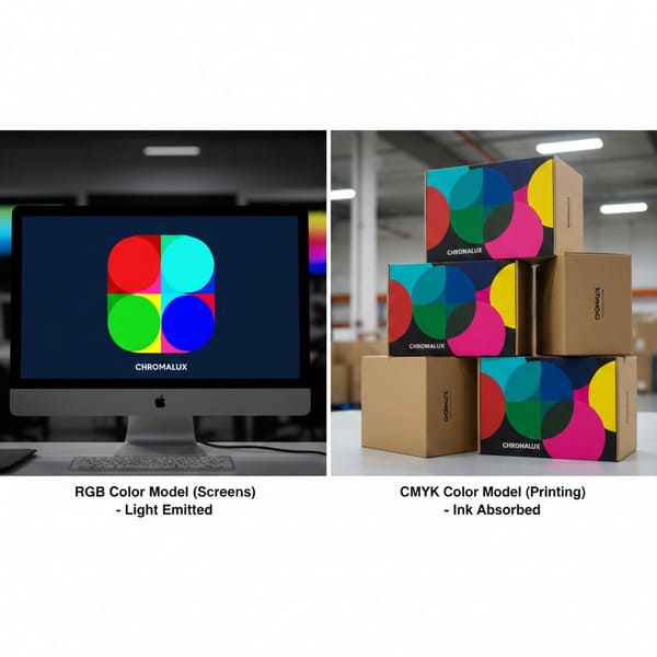 并排对比图展示了不同的色彩模型:左侧面板是一台苹果 iMac 显示器,上面显示着 CHROMALUX 标志,这是一个由重叠的红、青、绿、蓝四个圆圈组成的鲜艳网格,代表了用于数字屏幕和发光的 RGB 色彩模型。右侧面板是一叠瓦楞纸板运输箱,其中一些印有 CMYK 色彩的 CHROMALUX 标志,展示了用于印刷媒体和油墨吸收的 CMYK 色彩模型,背景是模糊的工业仓库。这张图突显了数字显示器和实体产品包装在色彩准确度上的差异。