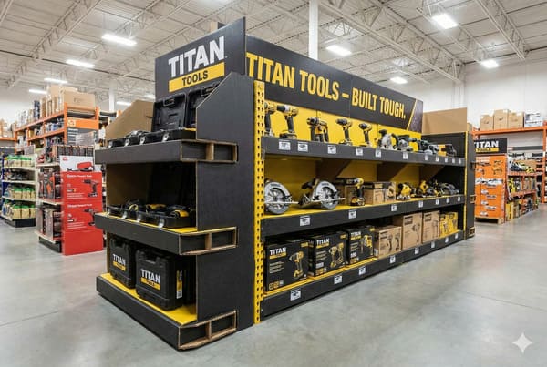 Ein großes, schwarz-gelbes Verkaufsdisplay für Titan Tools und Dewalt Elektrowerkzeuge in einem Baumarkt. Das Display präsentiert verschiedene Akku-Bohrschrauber, Kreissägen und Werkzeugkoffer, wobei der Slogan „TITAN TOOLS – ROBUST UND STABILT“ prominent prangt. Im Hintergrund sind weitere Regale mit Waren zu sehen, darunter rote Kartons mit Elektrowerkzeugen.