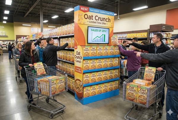 In einem belebten Supermarktgang prangt ein großes, auffälliges Werbedisplay für das Müsli „Oat Crunch“. Zahlreiche gelbe Packungen und ein digitaler Bildschirm verkünden stolz „UMSATZSTEIGERUNG 25 %“ mit einem ansteigenden Balkendiagramm. Mehrere Kunden unterschiedlicher Herkunft greifen eifrig nach den Müslipackungen, während zwei Einkaufswagen sichtbar mit mehreren „Oat Crunch“-Packungen gefüllt sind – ein deutliches Zeichen für die hohe Nachfrage nach dem neuen, zeitlich begrenzten Angebot.