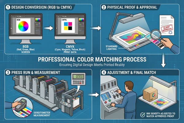 An infographic illustrating the professional color matching process for printing, detailing four steps: 1) Design conversion from RGB screen colors to CMYK print data on computer monitors. 2) Physical proofing and client approval, where a printed sample is inspected under standard lighting with a magnifying glass against color swatches. 3) Press run and measurement, showing a printing press producing materials while a densitometer measures ink density on color bars. 4) Adjustment and final match, where a technician fine-tunes ink density on a control panel to ensure the printed product precisely matches the approved proof.