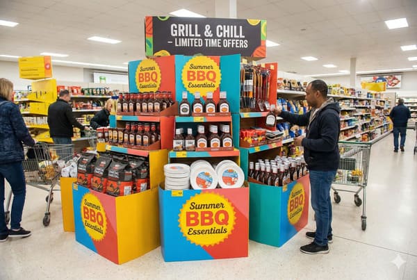 Ein belebter Supermarktgang mit einem großen „Grill & Chill – Angebote nur für kurze Zeit“-Display, auf dem besonders die „Sommer-Grill-Basics“ prominent präsentiert werden. Das farbenfrohe Display ist gefüllt mit verschiedenen Grillsaucen, Anzündholz, Einwegtellern und Grillbesteck. Ein Kunde in einem blauen Hoodie wählt eine Flasche Grillsauce aus, während andere Kunden mit Einkaufswagen unter hellem Neonlicht in den Regalen in der Nähe stöbern.