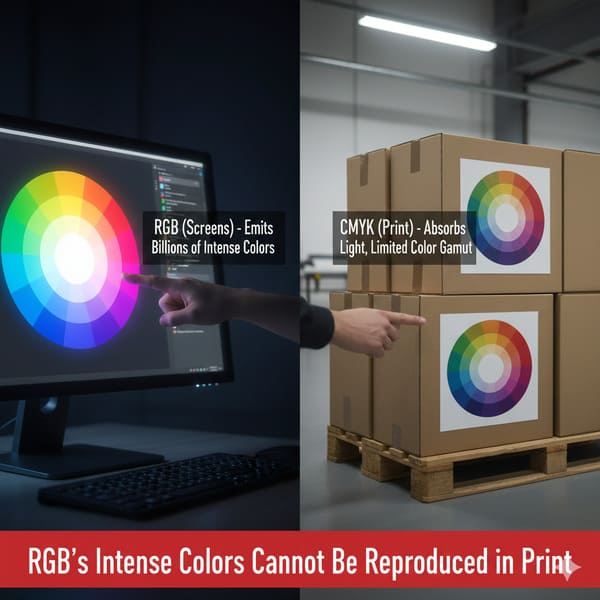 这张对比图直观地展示了RGB(屏幕)和CMYK(印刷)色彩模式。左侧,一只手指向黑暗房间里电脑显示器上鲜艳夺目的数字色轮,旁边标注着“RGB(屏幕)——呈现数十亿种鲜艳色彩”。右侧,另一只手指向明亮仓库里木托盘上的一摞棕色纸箱,每个纸箱上都印着一个色彩较为暗淡的色轮,旁边标注着“CMYK(印刷)——吸收光线,色域有限”。画面底部的红色横幅写着“RGB的鲜艳色彩无法在印刷品上重现”,突显了数字显示器和实体印刷在色彩还原能力上的差异,这对于平面设计和印刷专业人士来说尤为重要。