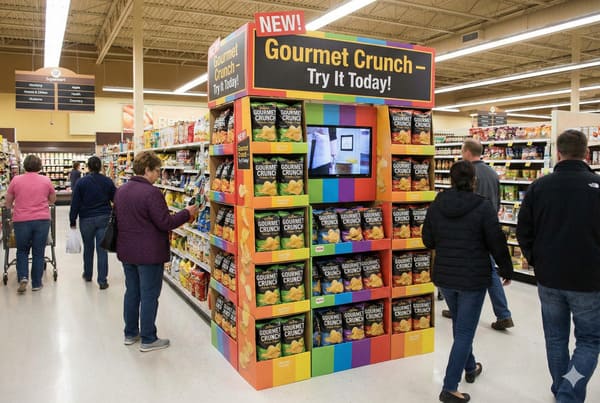 In einem hell erleuchteten Supermarktgang prangt ein auffälliges, farbenfrohes Display mit der Aufschrift „NEU! Gourmet Crunch – Jetzt probieren!“. Das Display ist mit zahlreichen Tüten „Gourmet Crunch Kartoffelchips“ bestückt und verfügt über einen kleinen Bildschirm. Mehrere Kunden sind anwesend; eine Frau in einer violetten Jacke stöbert in den Regalen in der Nähe, während andere Kunden an der Chip-Aktion vorbeigehen. Der Laden ist mit Deckenbeleuchtung und einem „Supermart“-Wegweiser ausgestattet.