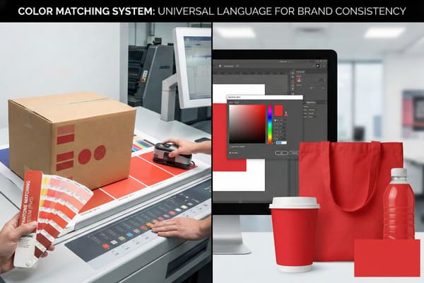 A comprehensive visual illustrating the color matching system for brand consistency. The left panel features a printing environment where a hand holds a Pantone Matching System (PMS) swatch book, a colorimeter is used to measure red ink on a printed sheet, and a brown cardboard box displays red corporate branding. The right panel shows a digital design workstation with a computer monitor displaying a Pantone 186 C color selection in graphic design software, alongside various perfectly color-matched red branded merchandise including a reusable tote bag, a disposable coffee cup, and a beverage bottle, emphasizing consistent brand identity across physical and digital mediums.