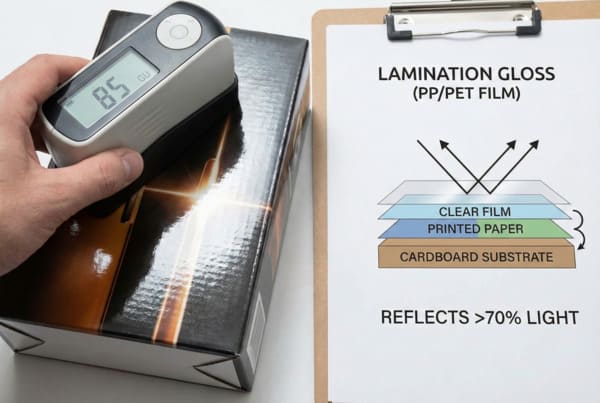 A hand holds a gloss meter displaying '85 GU' on its screen, measuring the high gloss finish of a laminated cardboard box. Beside it, a clipboard shows a diagram illustrating lamination gloss with PP/PET film, detailing layers of clear film, printed paper, and a cardboard substrate, indicating that the film reflects over 70% of light.