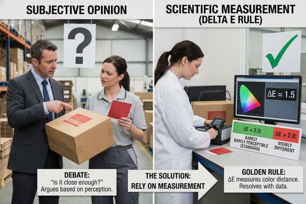 A split image contrasting subjective color matching with scientific measurement. On the left, a man in a suit points to a brown box with a red label, debating with a woman holding a red sample card in a warehouse, representing 'Subjective Opinion' and perception-based arguments. On the right, a scientist in a lab coat uses a color measurement device on a red card, with a monitor displaying 'ΔE = 1.5' and a color spectrum, illustrating 'Scientific Measurement (Delta E Rule)' and data-driven resolution. A sign below the monitor defines ΔE values for 'Barely Perceptible'