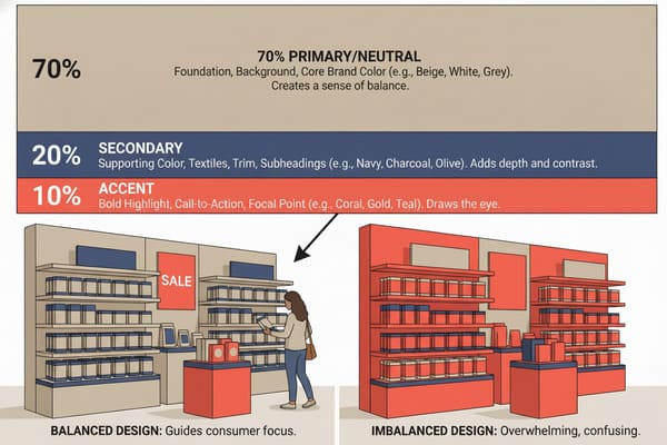 An illustration demonstrating the 70-20-10 color rule in design, contrasting balanced and imbalanced retail store layouts. The top section explains the rule: 70% primary/neutral for foundation and balance, 20% secondary for depth and contrast, and 10% accent for highlights and focal points. The bottom left shows a 'Balanced Design' retail aisle using beige (70%), navy (20%), and red (10%) to guide consumer focus. The bottom right shows an 'Imbalanced Design' with excessive red, appearing overwhelming and confusing.