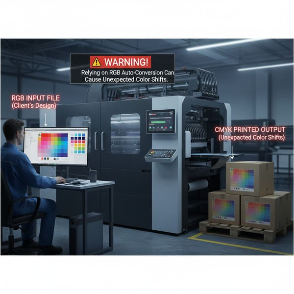 在一家工业印刷厂里,一位平面设计师正在电脑屏幕上查看客户设计稿的RGB调色板。在他身后,一台大型数码印刷机正在处理印刷任务;右侧,堆叠的纸箱上展示着CMYK印刷品,可以看到明显的色彩偏差。醒目的警告标志强调了在印刷生产中使用RGB自动转换可能出现意外色彩偏差的风险,并着重指出了精确色彩管理的重要性。