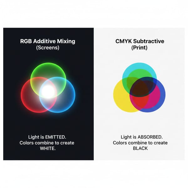 这张信息图详细对比了用于数字屏幕的 RGB 加色混合和用于印刷媒体的 CMYK 减色混合。左侧以深色背景为衬托,展示了鲜艳明亮的红、绿、蓝三色圆圈相互重叠。它们的交点产生了三种间色:黄色(红+绿)、青色(绿+蓝)和品红色(红+蓝),最终汇聚成耀眼的白色,强调了白色是由光发出产生的。右侧以浅色纹理纸为衬托,展示了半透明的青色、品红色和黄色圆圈相互重叠。它们的交点形成了三种间色:绿色(青+黄)、红色(品红色+黄)和蓝色(青+品红色),最终汇聚成深邃的黑色,突出了黑色是由光吸收产生的。