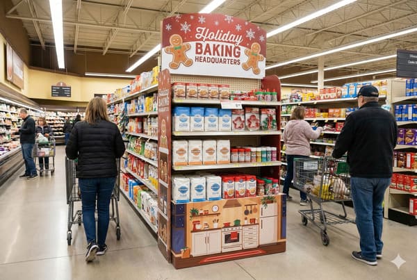 Ein belebter Supermarktgang mit einer farbenfrohen „Weihnachtsbackzentrale“, die saisonale Backzutaten und -utensilien prominent präsentiert. Die festliche Auslage umfasst Mehl- und Zuckersäcke, verschiedene Backmischungen, bunte Streusel und Lebkuchenmännchen-Ausstechformen – alles unter einem Schild mit Lebkuchenfiguren und Schneeflocken. Kunden mit Einkaufswagen stöbern durch die Produkte und verdeutlichen so die geschäftige Atmosphäre eines Supermarkts in der Vorweihnachtszeit.