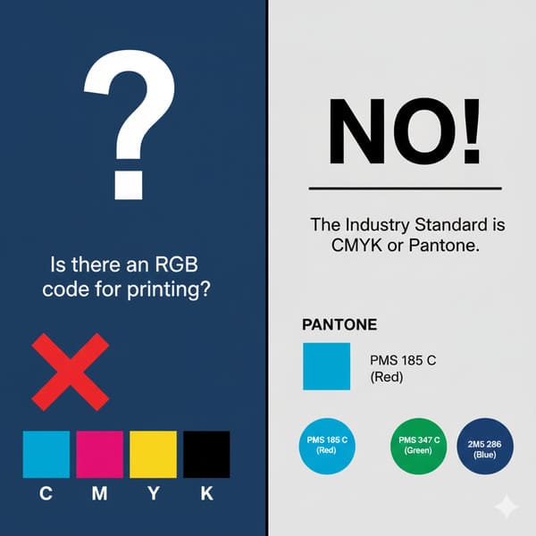 这张信息图详细解释了印刷色彩标准,对比了 RGB、CMYK 和 Pantone 色彩模式。左侧深蓝色背景上提出问题“印刷有 RGB 代码吗?”,并用红色“X”标记,同时展示了 CMYK 色卡(青色、品红色、黄色、黑色)。右侧浅灰色背景上明确指出“没有!”,并说明“行业标准是 CMYK 或 Pantone”。随后展示了 Pantone 色彩示例。