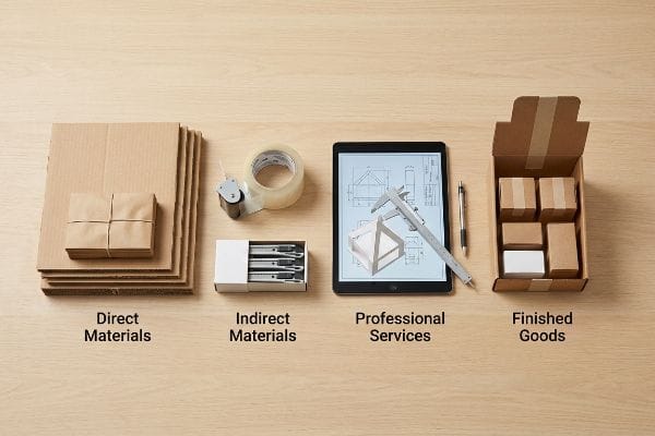 Raw corrugated boards, packing tape, utility knives, a tablet with structural engineering blueprints, and finished goods boxes illustrate the 4 types of procurement.