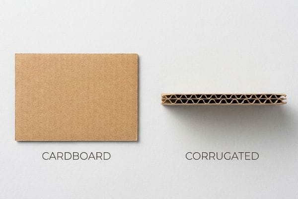 The structural difference between Cardboard and Corrugated packaging, showing a flat brown sheet and a fluted cross-section.