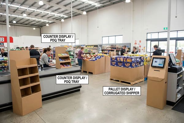 A brightly lit supermarket interior showcasing various point-of-purchase (POP) displays. In the foreground, a tall cardboard floor stand/POP display is visible. Behind it, a checkout counter features a counter display/PDQ tray with snacks. To the right, customers browse products in large cardboard dump bins and a pallet display/corrugated shipper. A POS unit with a touchscreen is also present near another checkout. The image illustrates different retail display solutions in a busy store environment.