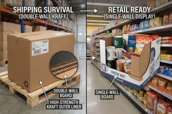 A split image comparing two types of corrugated packaging: on the left, a sturdy double-wall kraft shipping box with water droplets on it, sitting on a wooden pallet in a warehouse, with an inset showing its double-wall board and high-strength kraft outer liner; on the right, a single-wall retail display box, labeled 'Coffee Box', filled with Starbucks mugs and coffee products, placed on a shelf in a brightly lit grocery store aisle, illustrating the transition from shipping to retail-ready display.