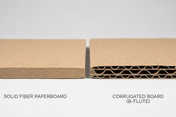 A close-up comparison shows Solid Fiber Paperboard on the left and Corrugated Board (B-Flute) on the right, highlighting their distinct internal structures.