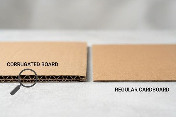 Side-by-side comparison of Corrugated Board with visible flutes and a magnifying glass, next to solid Regular Cardboard, highlighting structural differences.