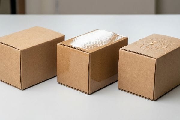 Corrugated boxes showcasing uncoated, UV gloss, and moisture-resistant coatings with visible water droplets.