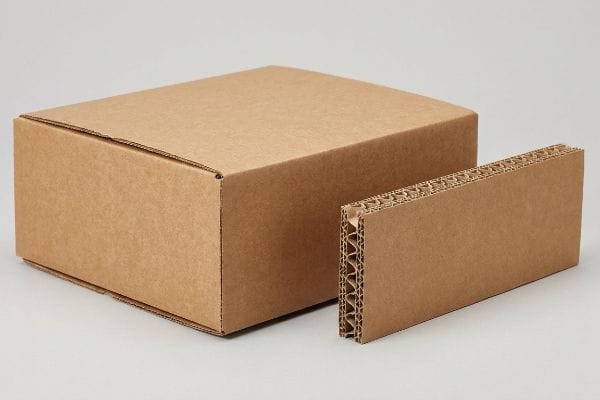A brown corrugated cardboard box sits next to a cross-section revealing its engineered fluted paperboard structure and wavy core.