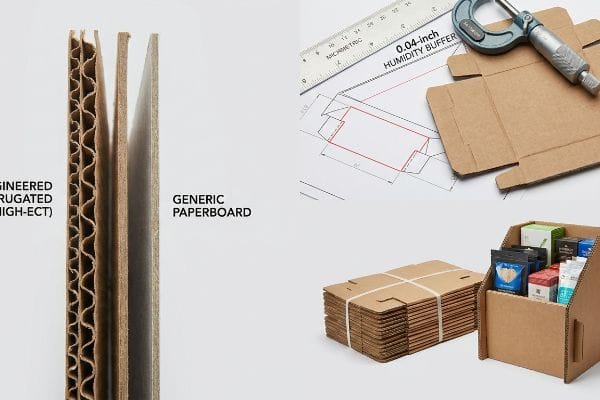 Engineered Corrugated (High-ECT) and Generic Paperboard cross-sections, with a blueprint, micrometric ruler, 0.04-inch Humidity Buffer, and flat-packed display boxes.