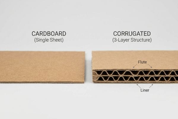Comparing Cardboard (Single Sheet) to Corrugated (3-Layer Structure), showing the inner Flute and outer Liner layers.