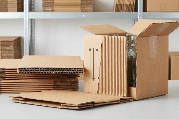 瓦楞纸板、带有垂直瓦楞的敞开式纸箱和玻璃瓶，展示了包装强度的纹理方向。.