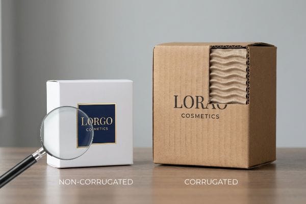 White non-corrugated Lorgo Cosmetics box with a magnifying glass next to a brown corrugated box revealing internal fluting.