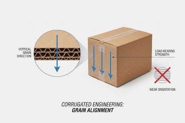 Brown corrugated box diagram illustrating Vertical Grain Direction for optimal Load-Bearing Strength, contrasting with Weak Orientation.